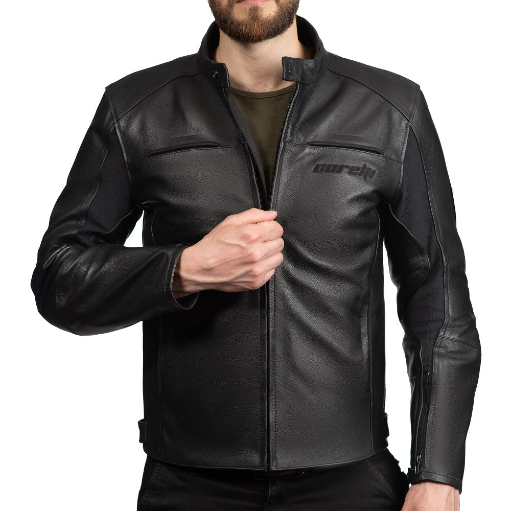 BLOUSON DE MOTO EN CUIR COURSE STORM, Protections certifiées CE sur les coudes, les épaules et le dos, fermetures à glissière YKK, Doublure intérieure amovible en polyester matelassée amovible, une poche intérieure