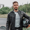 BLOUSON EN CUIR DE MOTO NOIR VANGUARD, Protections certifiées CE sur les coudes et les épaules, zone lombaire rembourrée, doublure intérieure matelassée en polyester amovible, col rembourré pour un meilleur confort