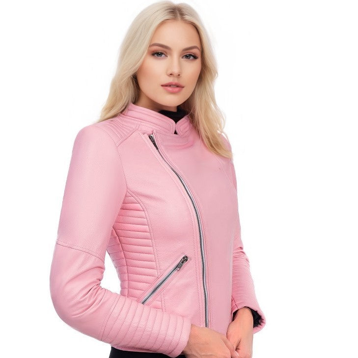 BLOUSON DE MOTO EN CUIR ROSA POUR FEMME