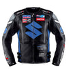 BLOUSON DE RACING DE MOTO EN CUIR SUZUKI BLEU, Protecteurs certifiés CE, Fermetures à glissière YKK