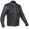 BLOUSON EN CUIR DE MOTO NOIR VANGUARD, Protections certifiées CE sur les coudes et les épaules, zone lombaire rembourrée, doublure intérieure matelassée en polyester amovible, col rembourré pour un meilleur confort