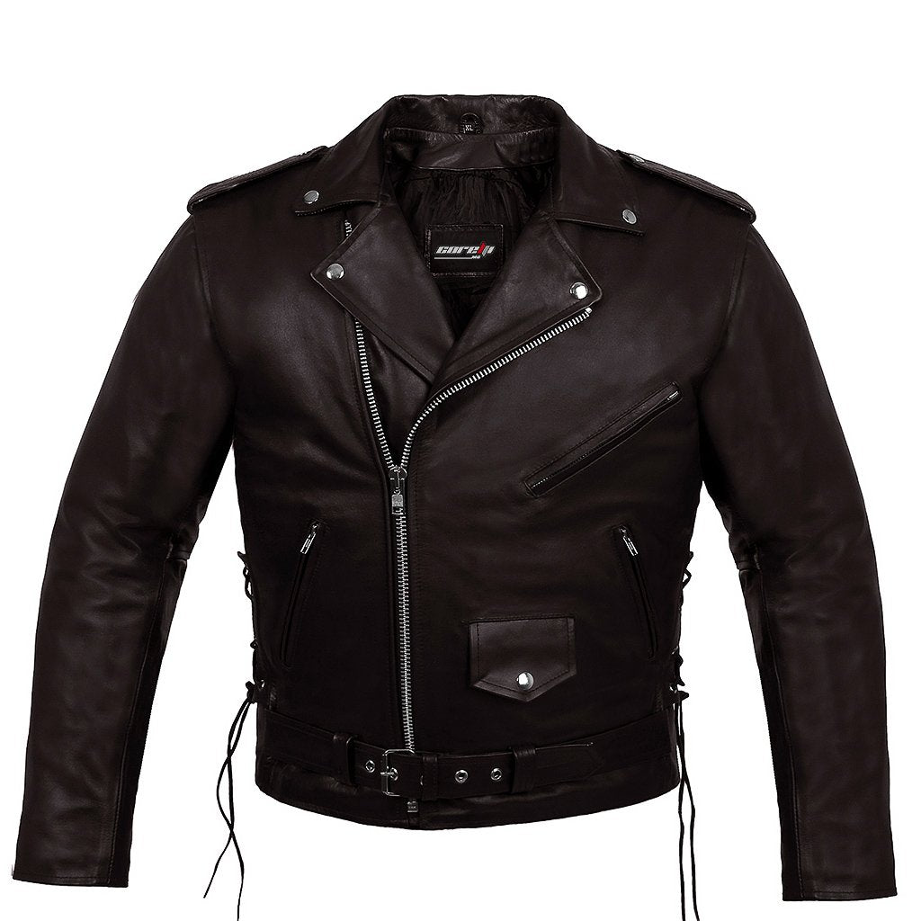 BLOUSON DE MOTO EN CUIR CUSTOM ORIGINAL TERMINATOR, Fermetures à glissière YKK, deux poches zippées, fermeture à glissière de 8" pour fixation au pantalon, bretelles ajustables, Protecteurs amovibles certifiés CE
