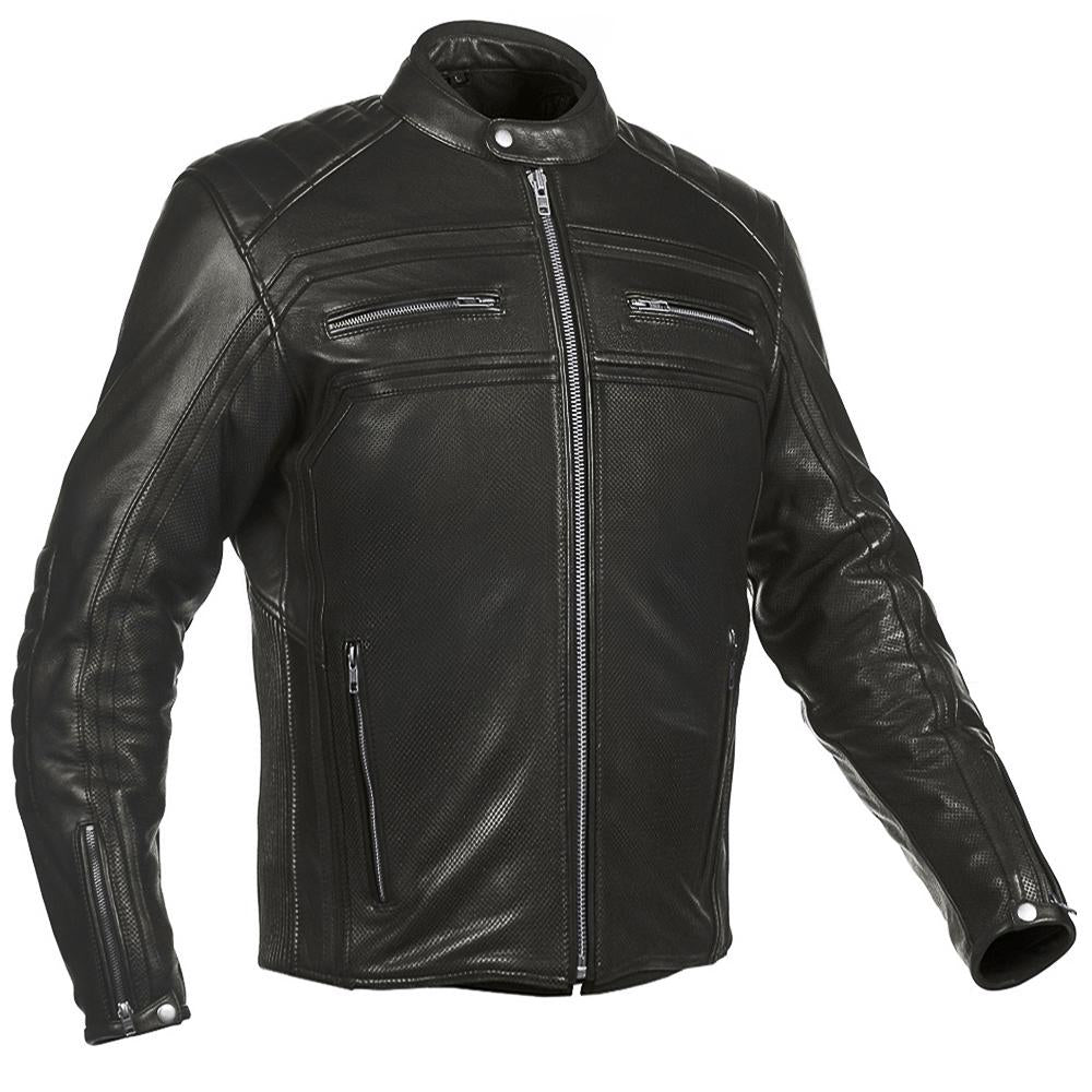 BLOUSON EN CUIR DE MOTO MARRON VANGUARD, Protections certifiées CE sur les coudes et les épaules, zone lombaire rembourrée, doublure intérieure matelassée en polyester amovible, col rembourré pour un meilleur confort