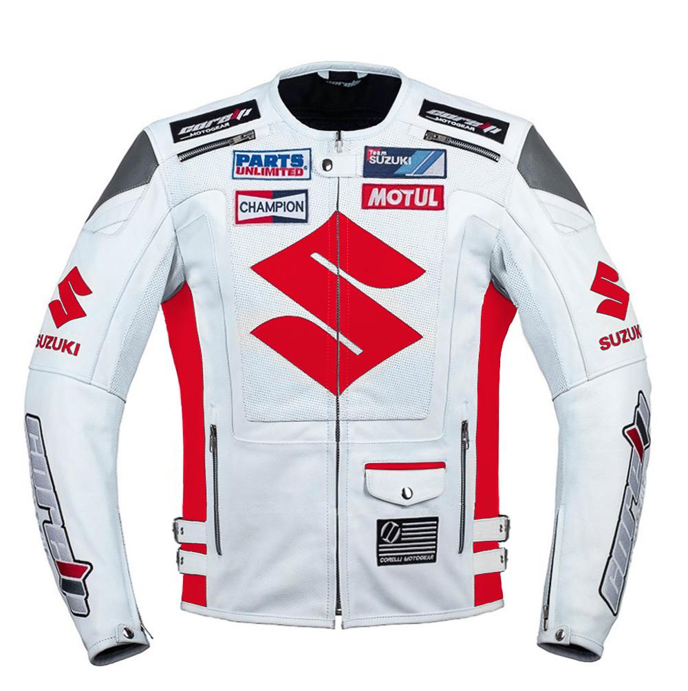BLOUSON DE RACING DE MOTO EN CUIR SUZUKI ROUGE, Protecteurs certifiés CE, Fermetures à glissière YKK