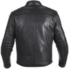 BLOUSON EN CUIR DE MOTO NOIR VANGUARD, Protections certifiées CE sur les coudes et les épaules, zone lombaire rembourrée, doublure intérieure matelassée en polyester amovible, col rembourré pour un meilleur confort