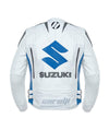 BLOUSON DE RACING DE MOTO EN CUIR SUZUKI BLANCHE, Protecteurs certifiés CE, Fermetures à glissière YKK
