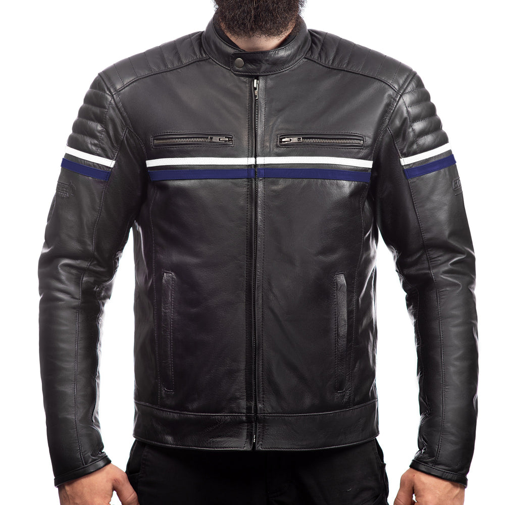 METROPOLIS VESTE DE MOTO EN CUIR BLEU, Protections CE amovibles sur les épaules, les coudes et le dos