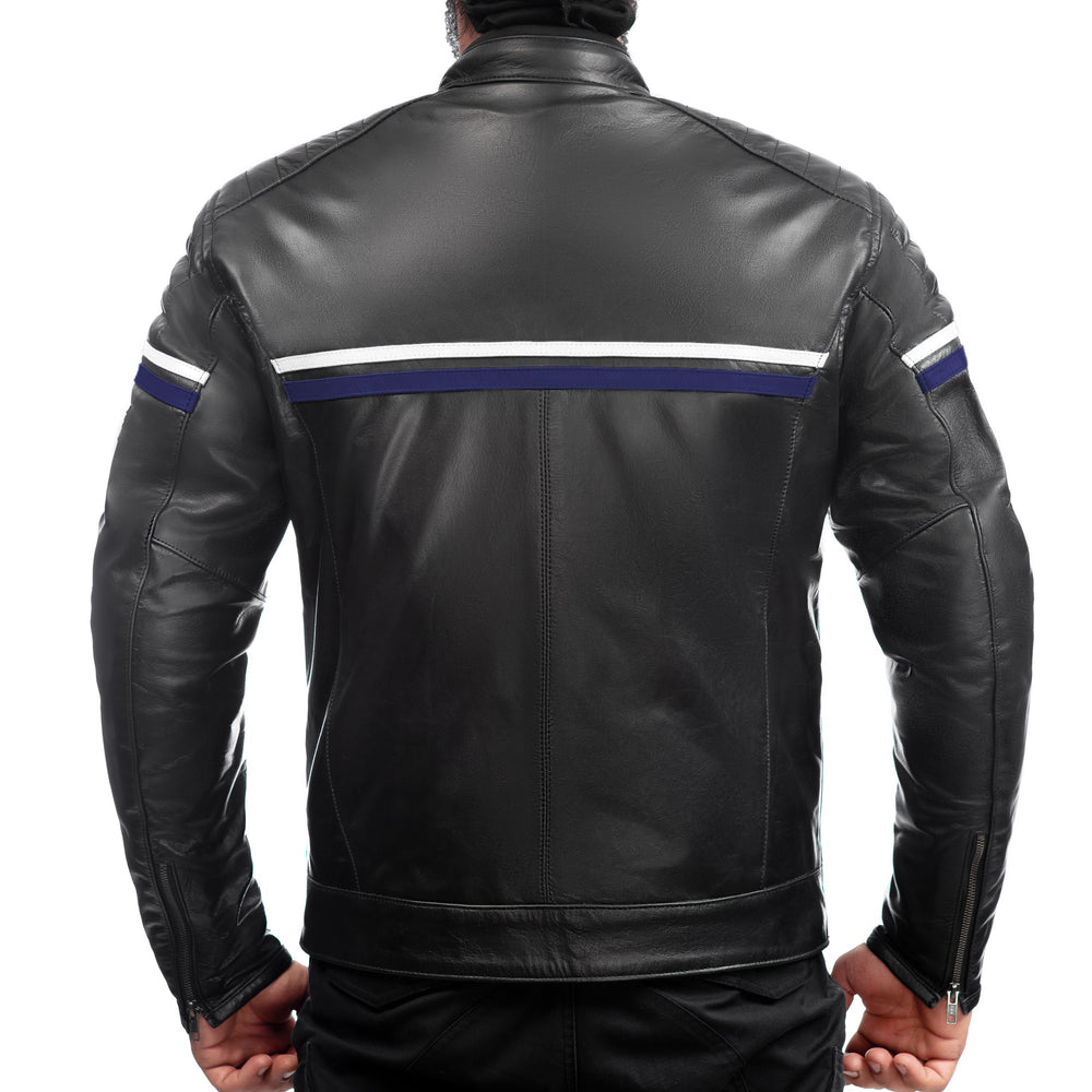 METROPOLIS VESTE DE MOTO EN CUIR BLEU, Protections CE amovibles sur les épaules, les coudes et le dos