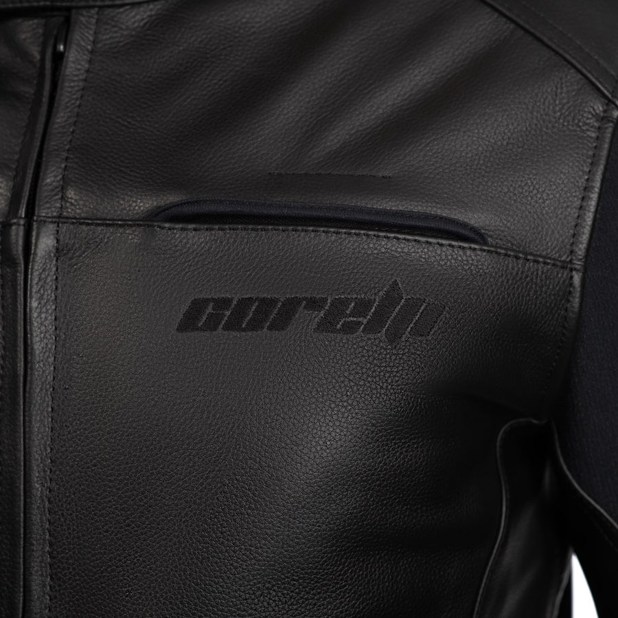 BLOUSON DE MOTO EN CUIR COURSE STORM, Protections certifiées CE sur les coudes, les épaules et le dos, fermetures à glissière YKK, Doublure intérieure amovible en polyester matelassée amovible, une poche intérieure