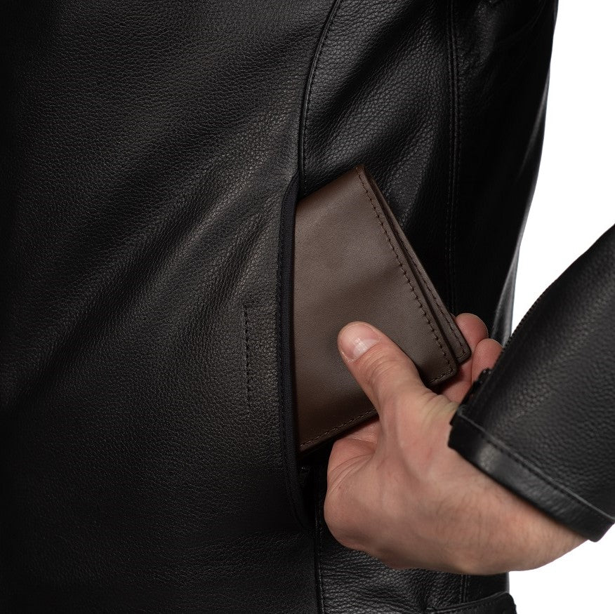 BLOUSON DE MOTO EN CUIR COURSE STORM, Protections certifiées CE sur les coudes, les épaules et le dos, fermetures à glissière YKK, Doublure intérieure amovible en polyester matelassée amovible, une poche intérieure