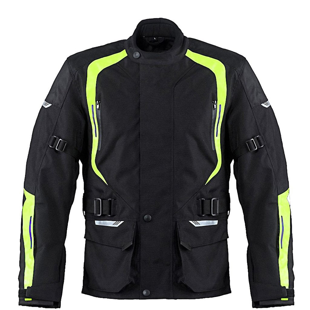 BLOUSON TEXTILE MOTO IMPERMÉABLE À L'EAU STATE TOURING, Protecteurs amovibles certifiés CE sur les épaules, les coudes et le dos, Fermetures à glissière YKK, fermeture velcro à l'avant, fermeture à glissière de 8" à l'arrière pour fixation au pantalon