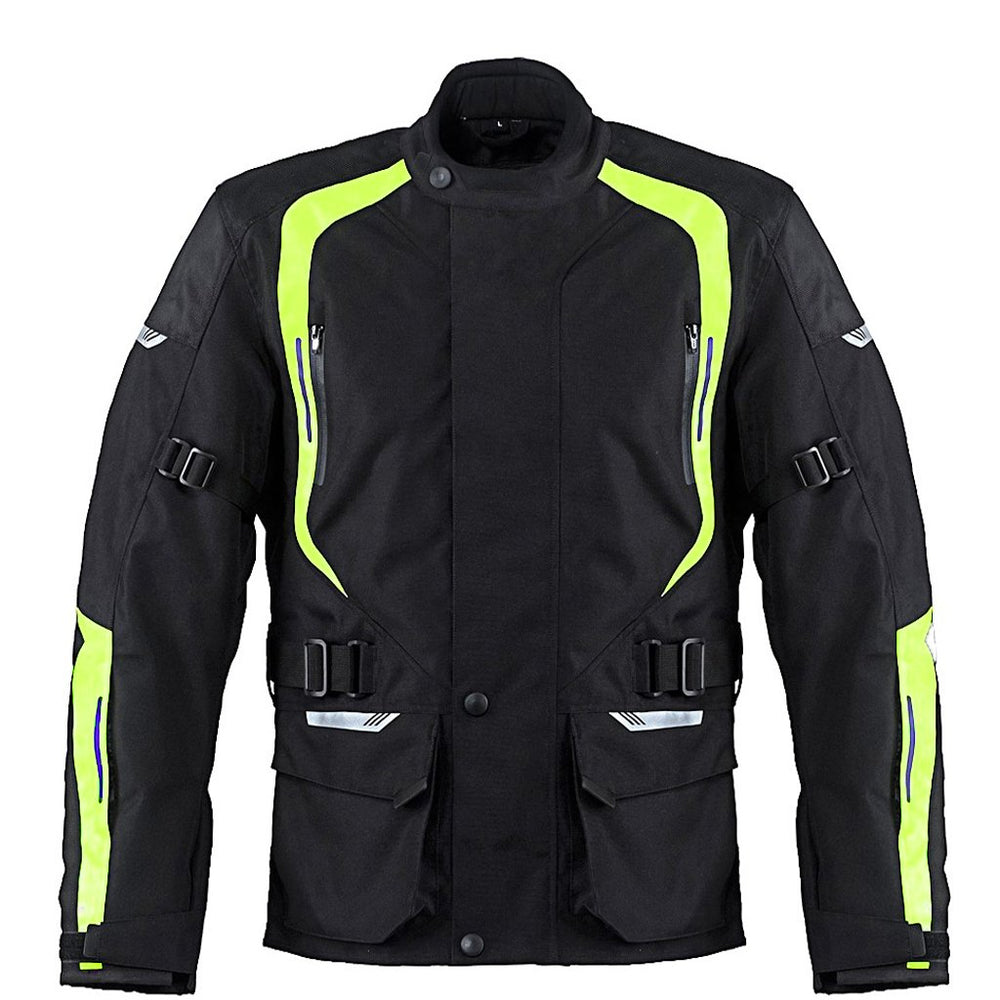 BLOUSON TEXTILE MOTO IMPERMÉABLE À L'EAU STATE TOURING, Protecteurs amovibles certifiés CE sur les épaules, les coudes et le dos, Fermetures à glissière YKK, fermeture velcro à l'avant, fermeture à glissière de 8" à l'arrière pour fixation au pantalon