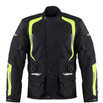 BLOUSON TEXTILE MOTO IMPERMÉABLE À L'EAU STATE TOURING, Protecteurs amovibles certifiés CE sur les épaules, les coudes et le dos, Fermetures à glissière YKK, fermeture velcro à l'avant, fermeture à glissière de 8" à l'arrière pour fixation au pantalon