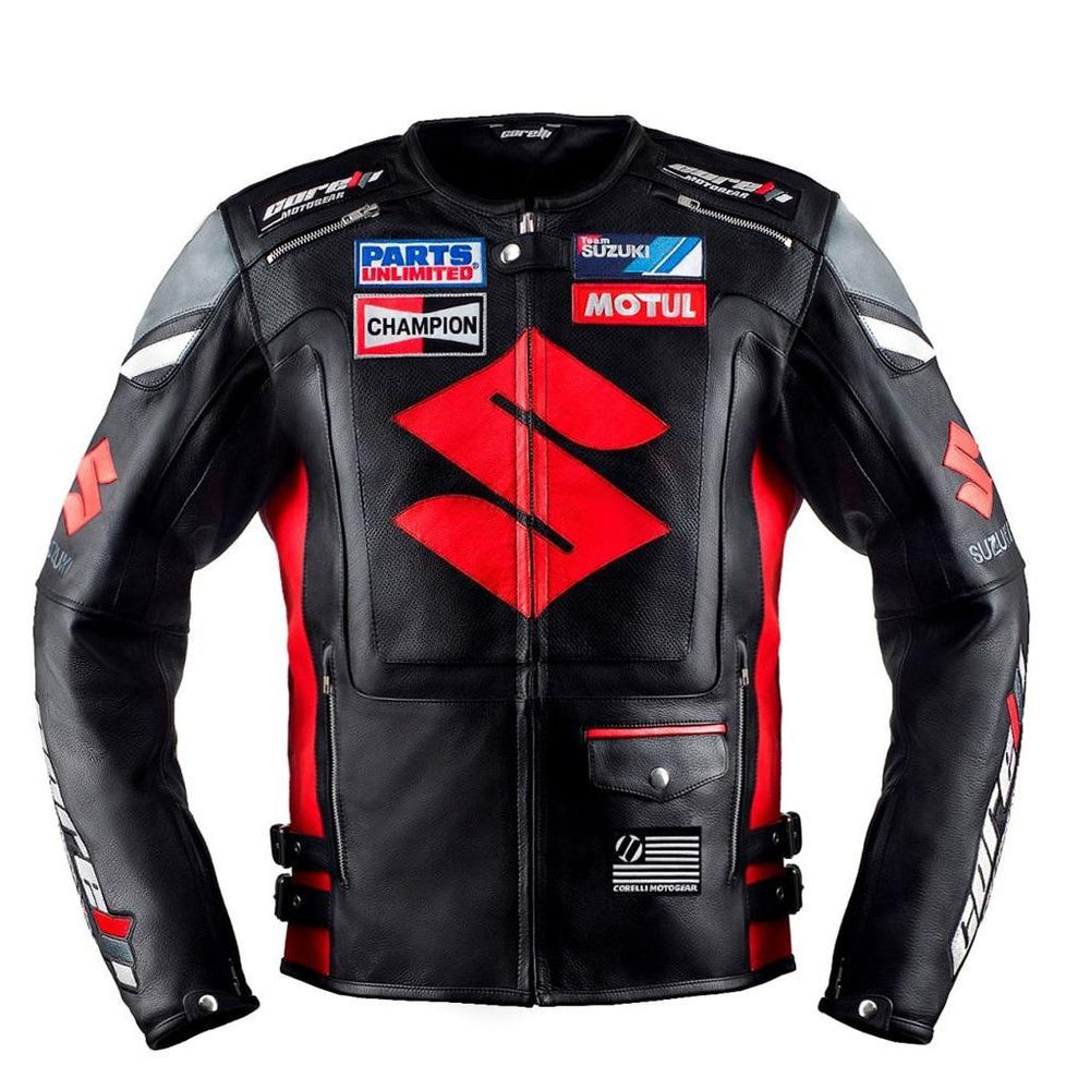 BLOUSON DE RACING DE MOTO EN CUIR SUZUKI, Protecteurs certifiés CE, Fermetures à glissière YKK