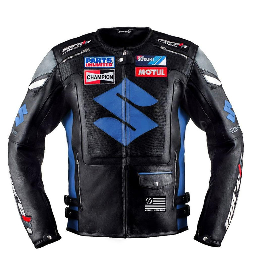 BLOUSON DE RACING DE MOTO EN CUIR SUZUKI BLEU, Protecteurs certifiés CE, Fermetures à glissière YKK