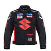 BLOUSON DE MOTO TEXTILE SUZUKI NOIR, Protecteurs amovibles certifiés CE sur les épaules, les coudes et le dos, Doublure intérieure matelassée et imperméable.