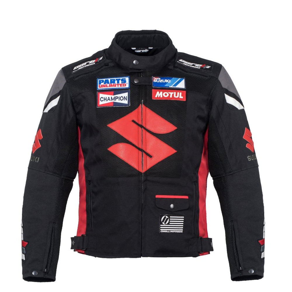 BLOUSON DE MOTO TEXTILE SUZUKI NOIR, Protecteurs amovibles certifiés CE sur les épaules, les coudes et le dos, Doublure intérieure matelassée et imperméable.