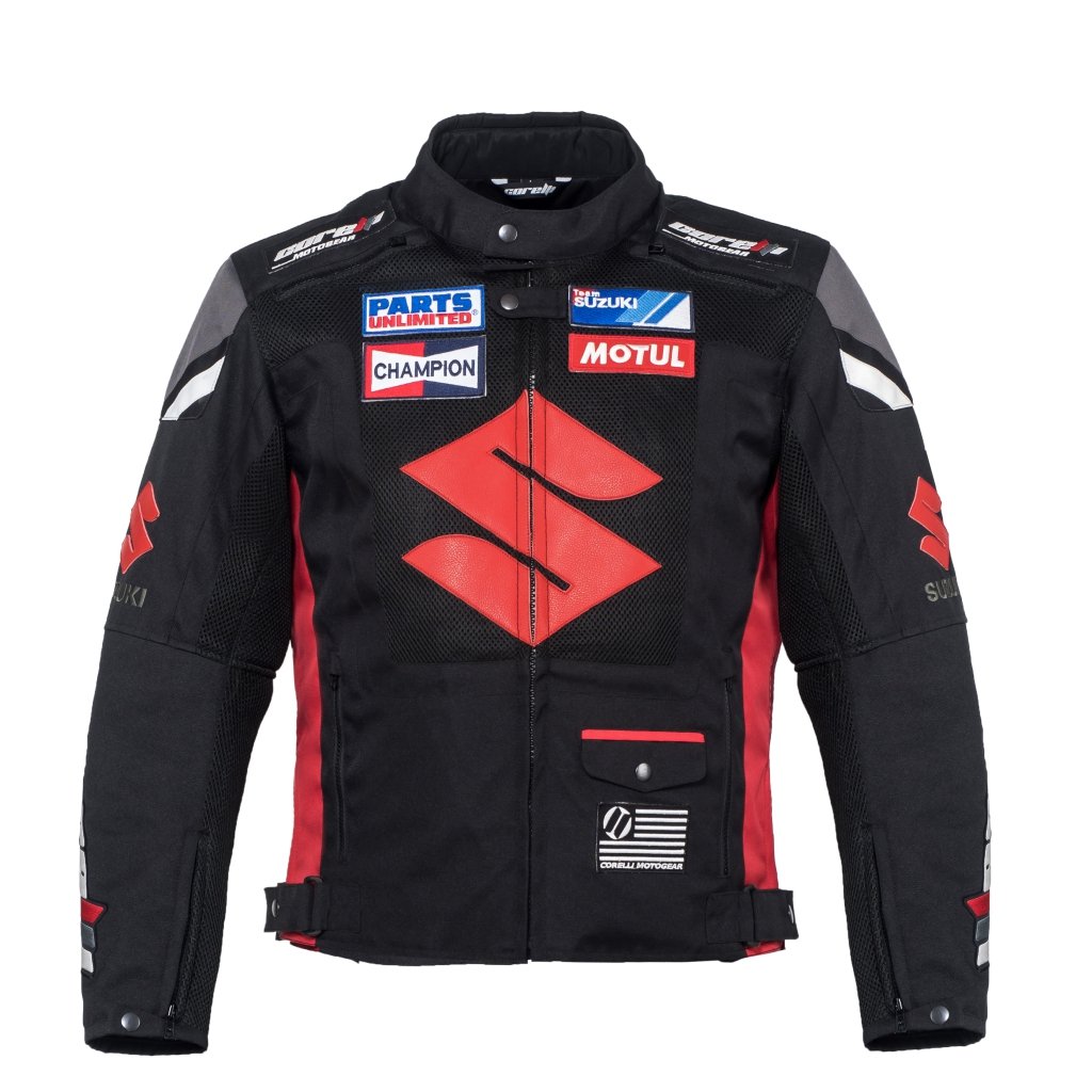 BLOUSON DE MOTO TEXTILE SUZUKI NOIR, Protecteurs amovibles certifiés CE sur les épaules, les coudes et le dos, Doublure intérieure matelassée et imperméable.