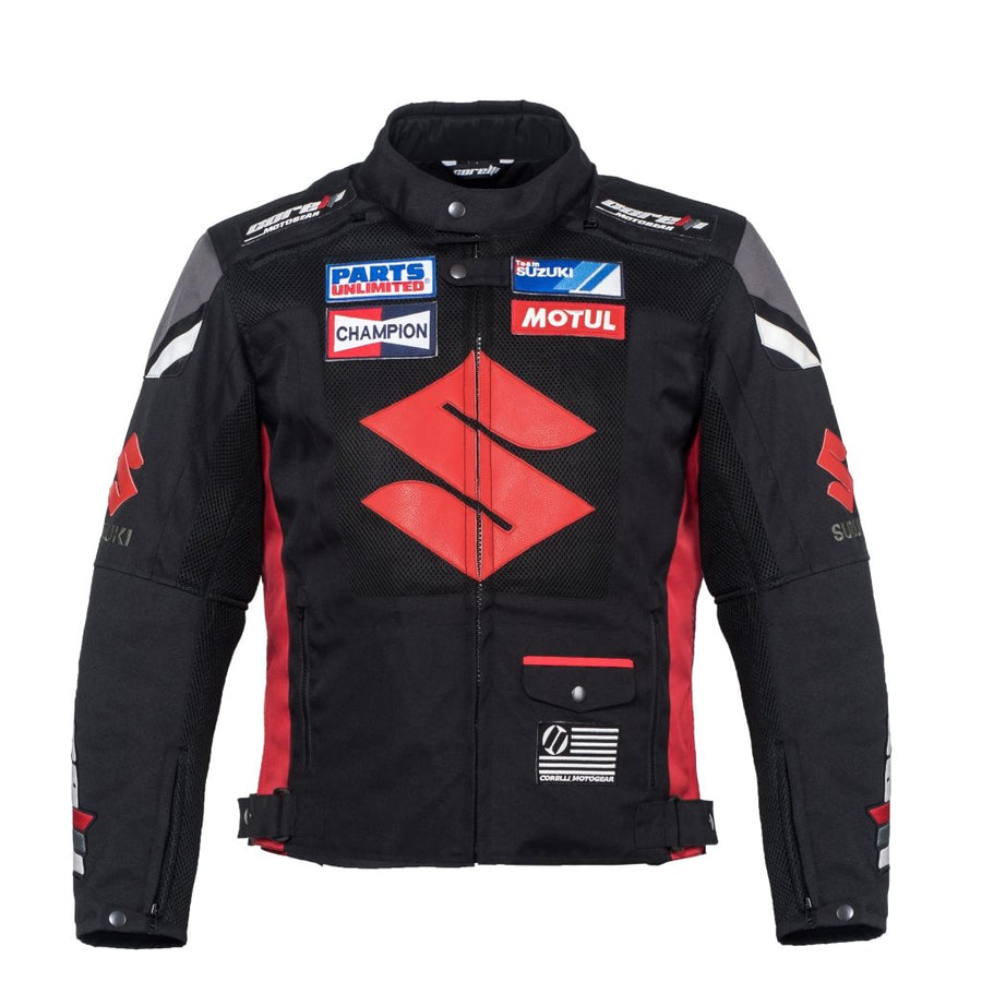 BLOUSON DE MOTO TEXTILE SUZUKI NOIR, Protecteurs amovibles certifiés CE sur les épaules, les coudes et le dos, Doublure intérieure matelassée et imperméable.