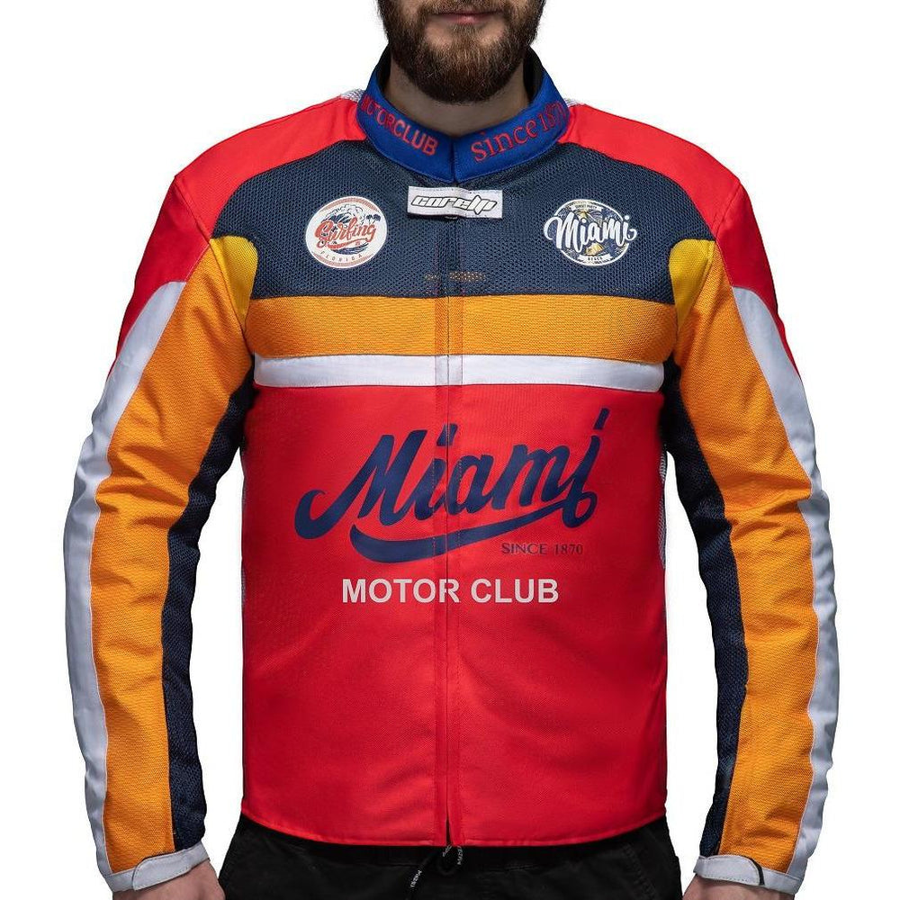 BLOUSON DE MOTO TEXTILE MIAMI MOTOR CLUB, Protections amovibles certifiées CE sur le dos, les épaules et les coudes