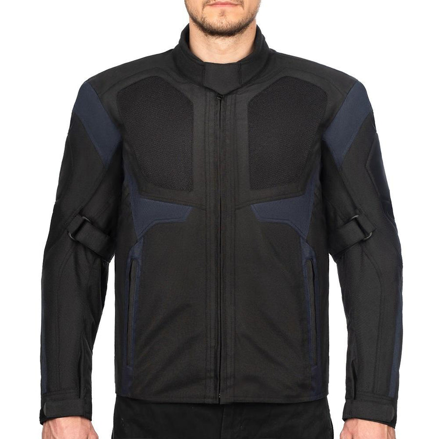 BLOUSON DE MOTO TEXTILE ROCKET BLEU, Protections amovibles certifiées CE sur les épaules, les coudes et le dos, Fermetures à glissière YKK tout autour, fermetures à glissière de 8 pouces et de connexion sur toute la circonférence pour les pantalons