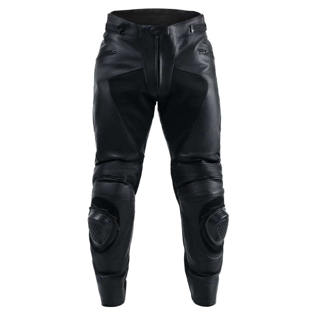 PANTALON DE MOTO EN CUIR ANTOINE NOIR, Protection de genou certifiée CE, sangles velcro réglables à la taille, Fermetures à glissière de bout en bout et de 8"