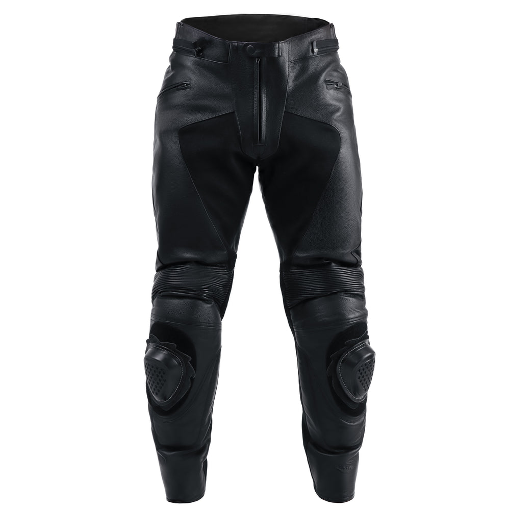 PANTALON DE MOTO EN CUIR ANTOINE NOIR, Protection de genou certifiée CE, sangles velcro réglables à la taille, Fermetures à glissière de bout en bout et de 8"