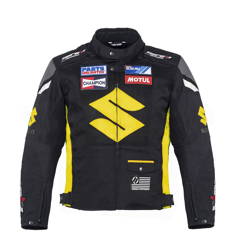 BLOUSON DE MOTO TEXTILE SUZUKI JAUNE, Protecteurs amovibles certifiés CE sur les épaules, les coudes et le dos, Fermetures à glissière YKK, fermeture à glissière de 8" pour fixation au pantalon