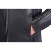 BLOUSON EN CUIR DE MOTO NOIR VANGUARD, Protections certifiées CE sur les coudes et les épaules, zone lombaire rembourrée, doublure intérieure matelassée en polyester amovible, col rembourré pour un meilleur confort