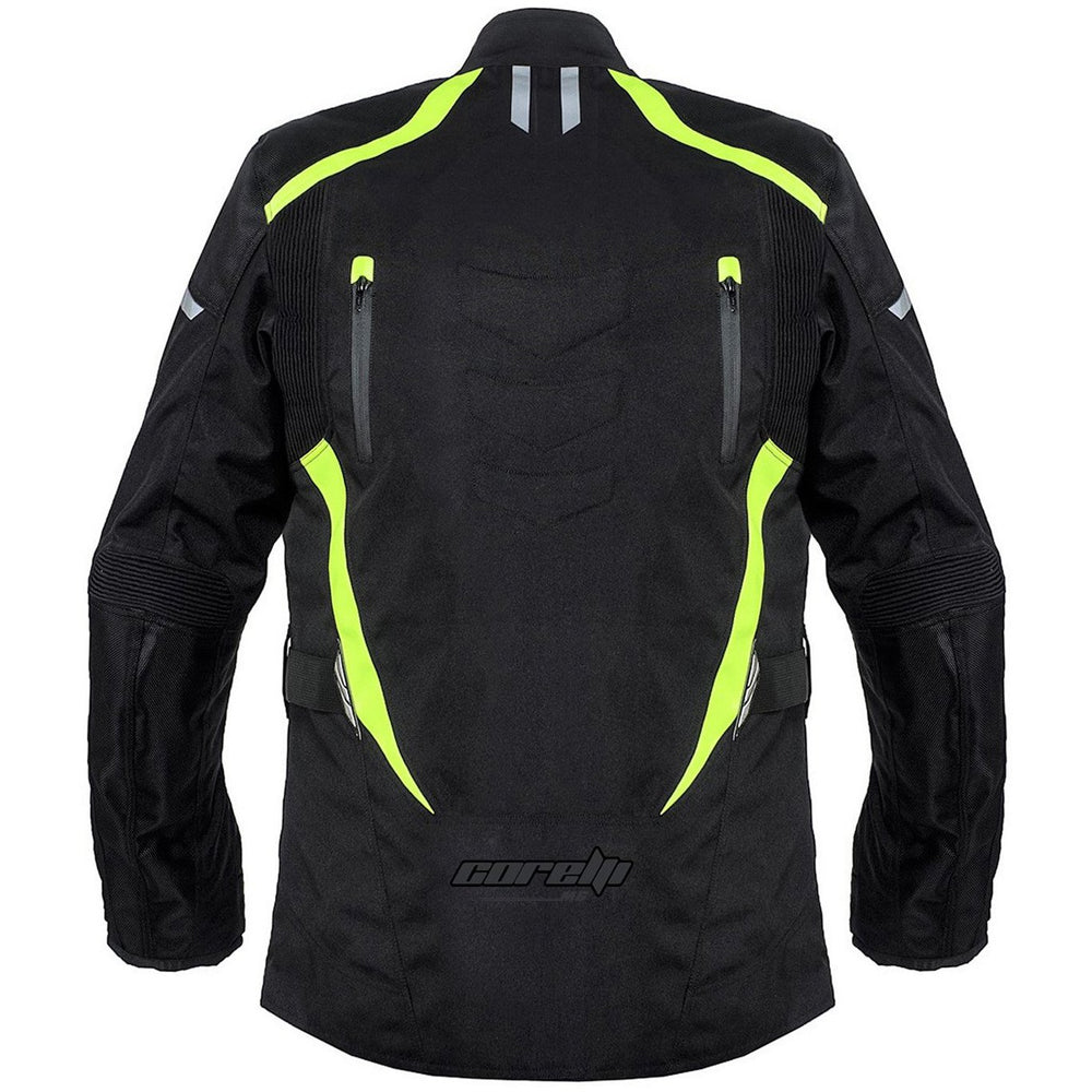 BLOUSON TEXTILE MOTO IMPERMÉABLE À L'EAU STATE TOURING, Protecteurs amovibles certifiés CE sur les épaules, les coudes et le dos, Fermetures à glissière YKK, fermeture velcro à l'avant, fermeture à glissière de 8" à l'arrière pour fixation au pantalon