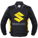 BLOUSON DE MOTO TEXTILE SUZUKI JAUNE, Protecteurs amovibles certifiés CE sur les épaules, les coudes et le dos, Fermetures à glissière YKK, fermeture à glissière de 8" pour fixation au pantalon