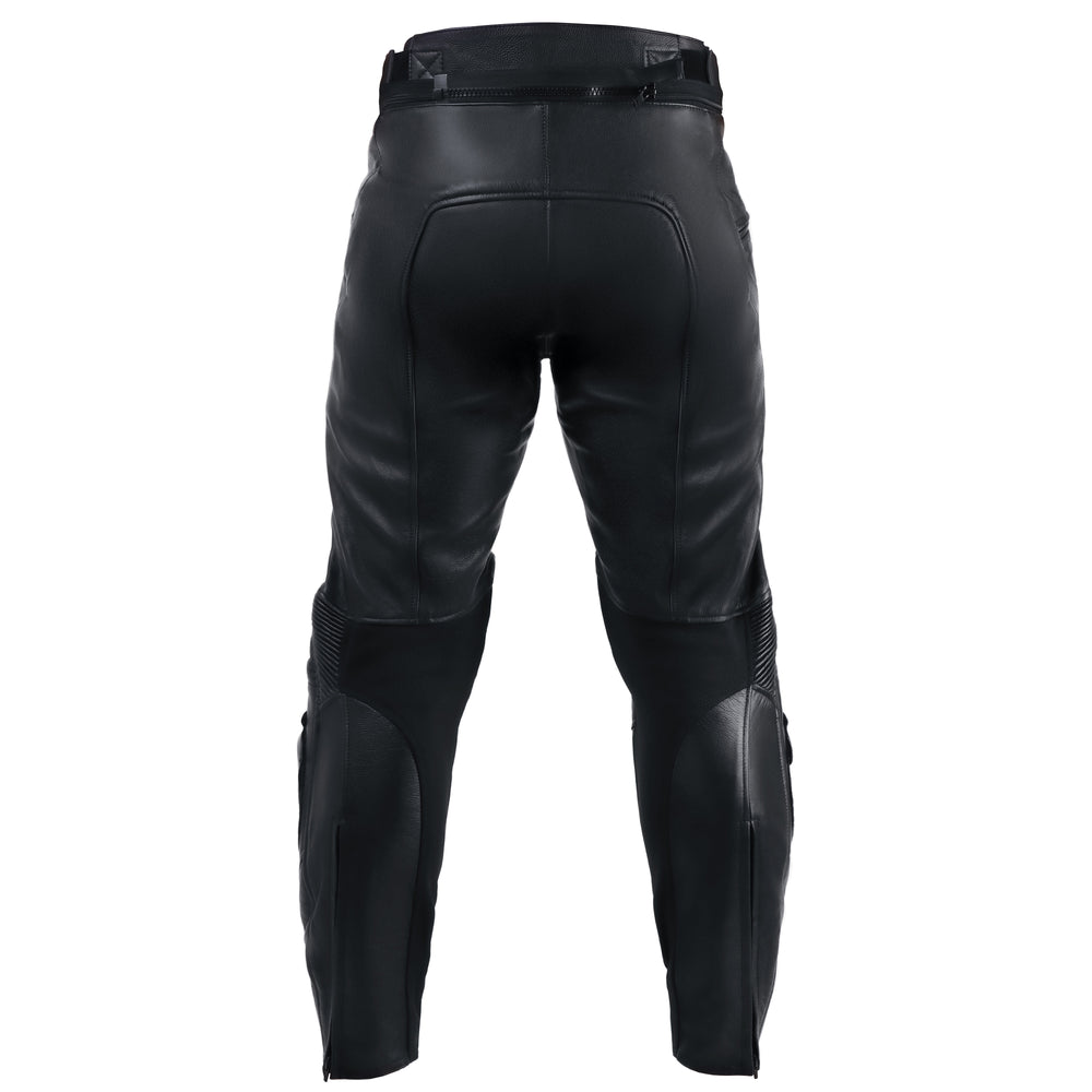 PANTALON DE MOTO EN CUIR ANTOINE NOIR, Protection de genou certifiée CE, sangles velcro réglables à la taille, Fermetures à glissière de bout en bout et de 8"
