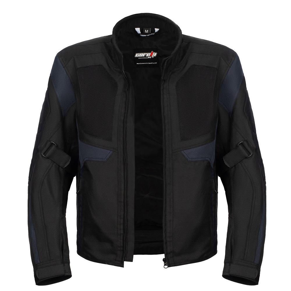 BLOUSON DE MOTO TEXTILE ROCKET BLEU, Protections amovibles certifiées CE sur les épaules, les coudes et le dos, Fermetures à glissière YKK tout autour, fermetures à glissière de 8 pouces et de connexion sur toute la circonférence pour les pantalons