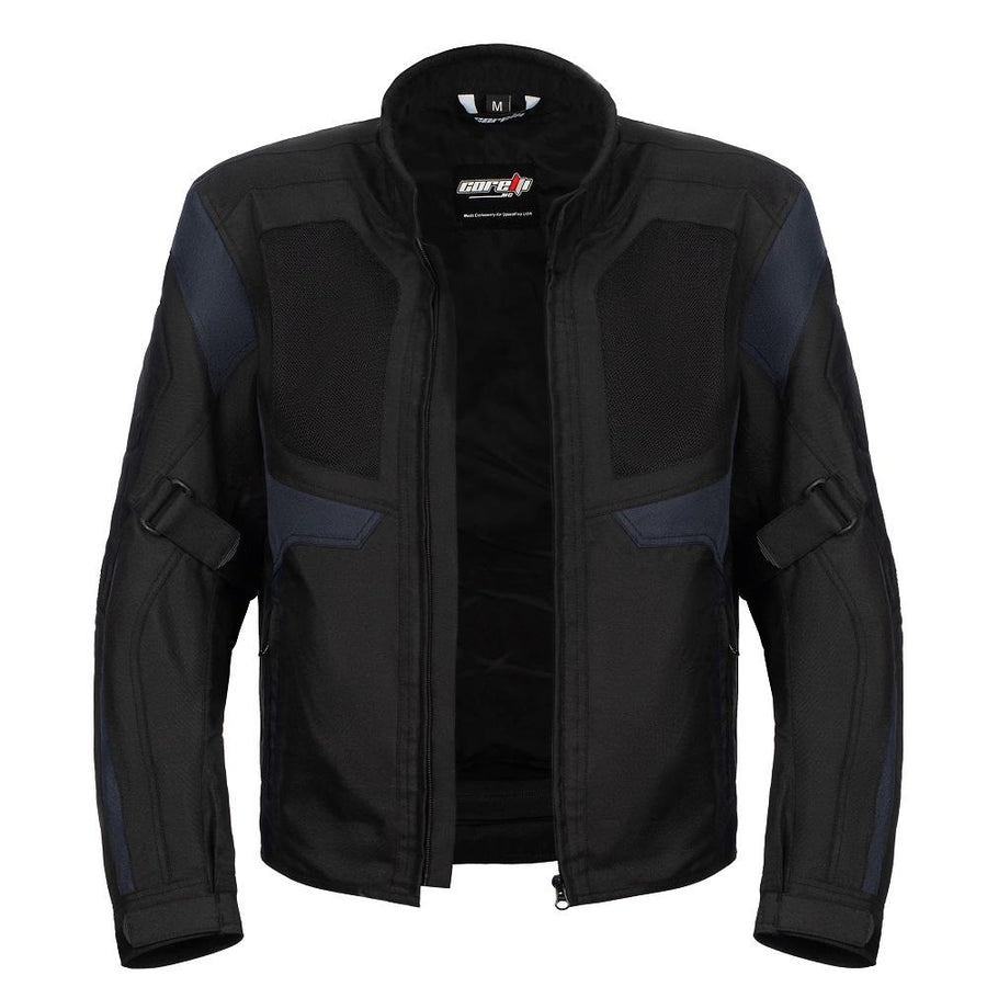BLOUSON DE MOTO TEXTILE ROCKET BLEU, Protections amovibles certifiées CE sur les épaules, les coudes et le dos, Fermetures à glissière YKK tout autour, fermetures à glissière de 8 pouces et de connexion sur toute la circonférence pour les pantalons