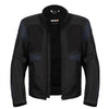 BLOUSON DE MOTO TEXTILE ROCKET BLEU, Protections amovibles certifiées CE sur les épaules, les coudes et le dos, Fermetures à glissière YKK tout autour, fermetures à glissière de 8 pouces et de connexion sur toute la circonférence pour les pantalons