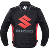 BLOUSON DE MOTO TEXTILE SUZUKI NOIR, Protecteurs amovibles certifiés CE sur les épaules, les coudes et le dos, Doublure intérieure matelassée et imperméable.