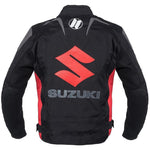 BLOUSON DE MOTO TEXTILE SUZUKI NOIR, Protecteurs amovibles certifiés CE sur les épaules, les coudes et le dos, Doublure intérieure matelassée et imperméable.