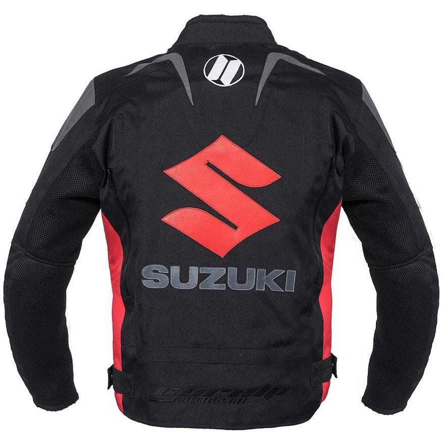 BLOUSON DE MOTO TEXTILE SUZUKI NOIR, Protecteurs amovibles certifiés CE sur les épaules, les coudes et le dos, Doublure intérieure matelassée et imperméable.