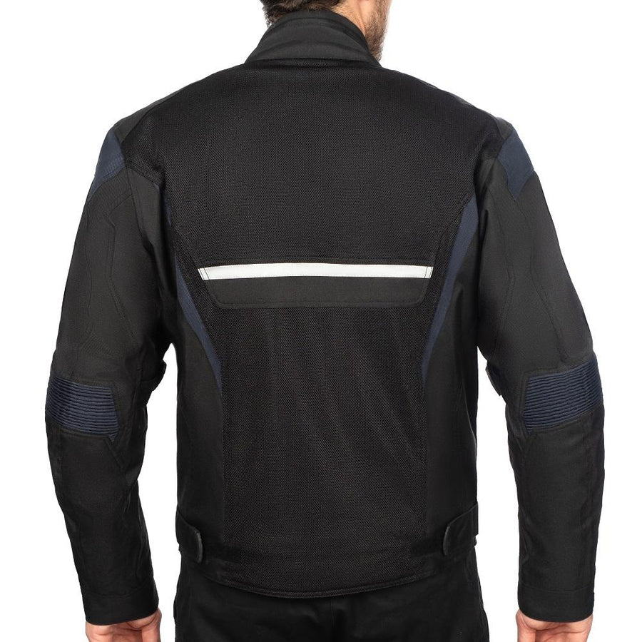 BLOUSON DE MOTO TEXTILE ROCKET BLEU, Protections amovibles certifiées CE sur les épaules, les coudes et le dos, Fermetures à glissière YKK tout autour, fermetures à glissière de 8 pouces et de connexion sur toute la circonférence pour les pantalons