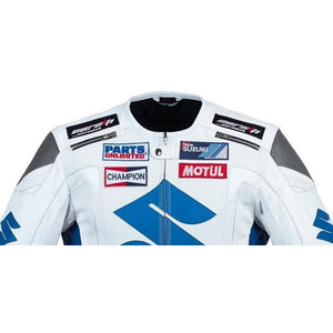 
                  
                    Charger l&amp;#39;image dans la galerie, Suzuki white and blue motorcycle racing leather jacket (without a hump) (collectible), removable CE protectors, removable inner lining, genuine cowhide leather, YKK zippers, pockets, close-up photo
                  
                