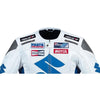 Suzuki white and blue motorcycle racing leather jacket (without a hump) (collectible), removable CE protectors, removable inner lining, genuine cowhide leather, YKK zippers, pockets, close-up photo