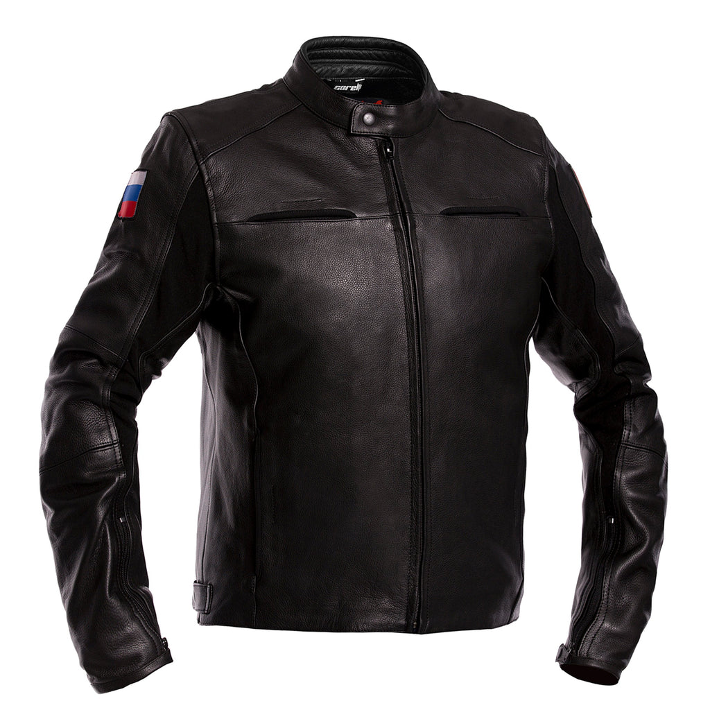 BLOUSON DE MOTO EN CUIR BIKER RUSSIE, Protecteurs amovibles certifiées CE sur les coudes, les épaules et le dos, Keprotec Kevlar sous les bras, un col intérieur doux pour un confort maximum