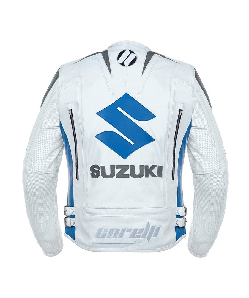 BLOUSON DE RACING DE MOTO EN CUIR SUZUKI BLANCHE, Protecteurs certifiés CE, Fermetures à glissière YKK