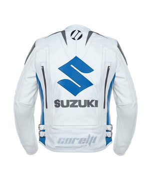 
                  
                    Charger l&amp;#39;image dans la galerie, BLOUSON DE RACING DE MOTO EN CUIR SUZUKI BLANCHE, Protecteurs certifiés CE, Fermetures à glissière YKK
                  
                