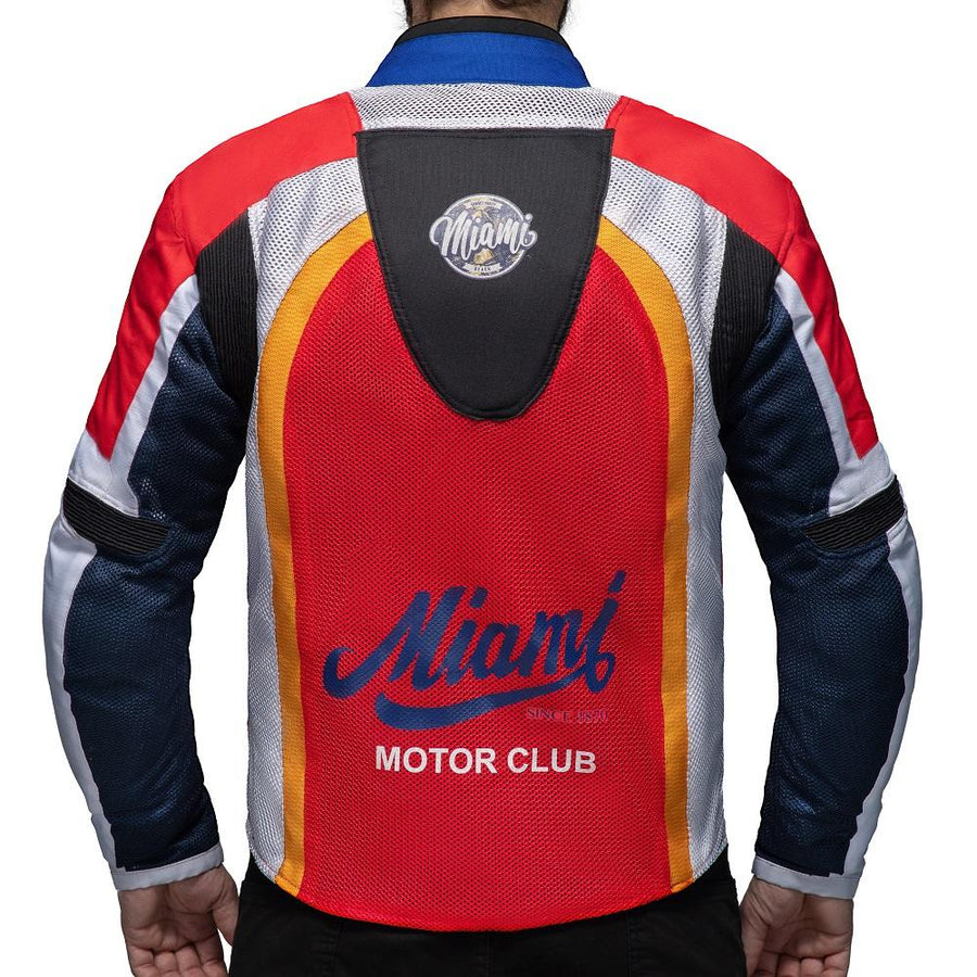 BLOUSON DE MOTO TEXTILE MIAMI MOTOR CLUB, Protections amovibles certifiées CE sur le dos, les épaules et les coudes