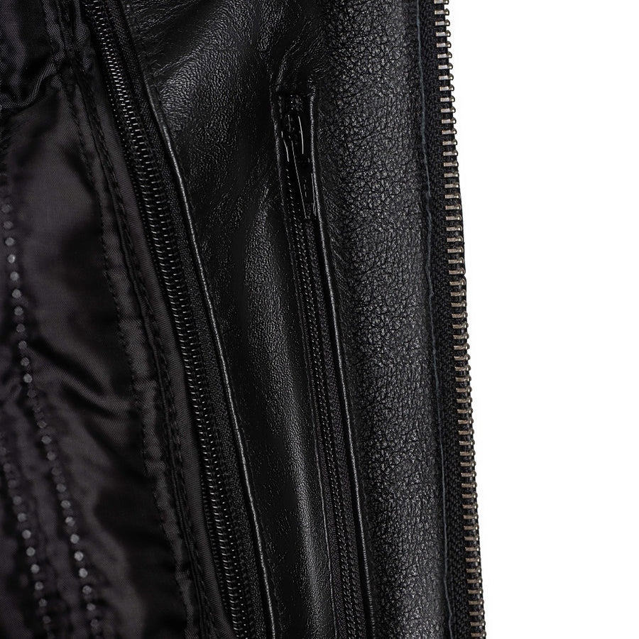 BLOUSON DE MOTO EN CUIR NOIR ADRÉNALINE, Protections certifiées CE sur les coudes, les épaules et le dos, fermetures à glissière YKK, Doublure intérieure amovible en polyester matelassée amovible, une poche intérieure