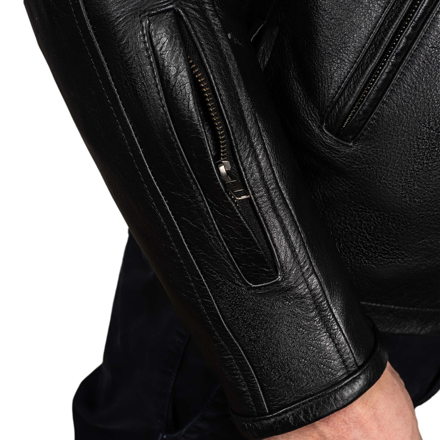 BLOUSON DE MOTO EN CUIR NOIR ADRÉNALINE, Protections certifiées CE sur les coudes, les épaules et le dos, fermetures à glissière YKK, Doublure intérieure amovible en polyester matelassée amovible, une poche intérieure